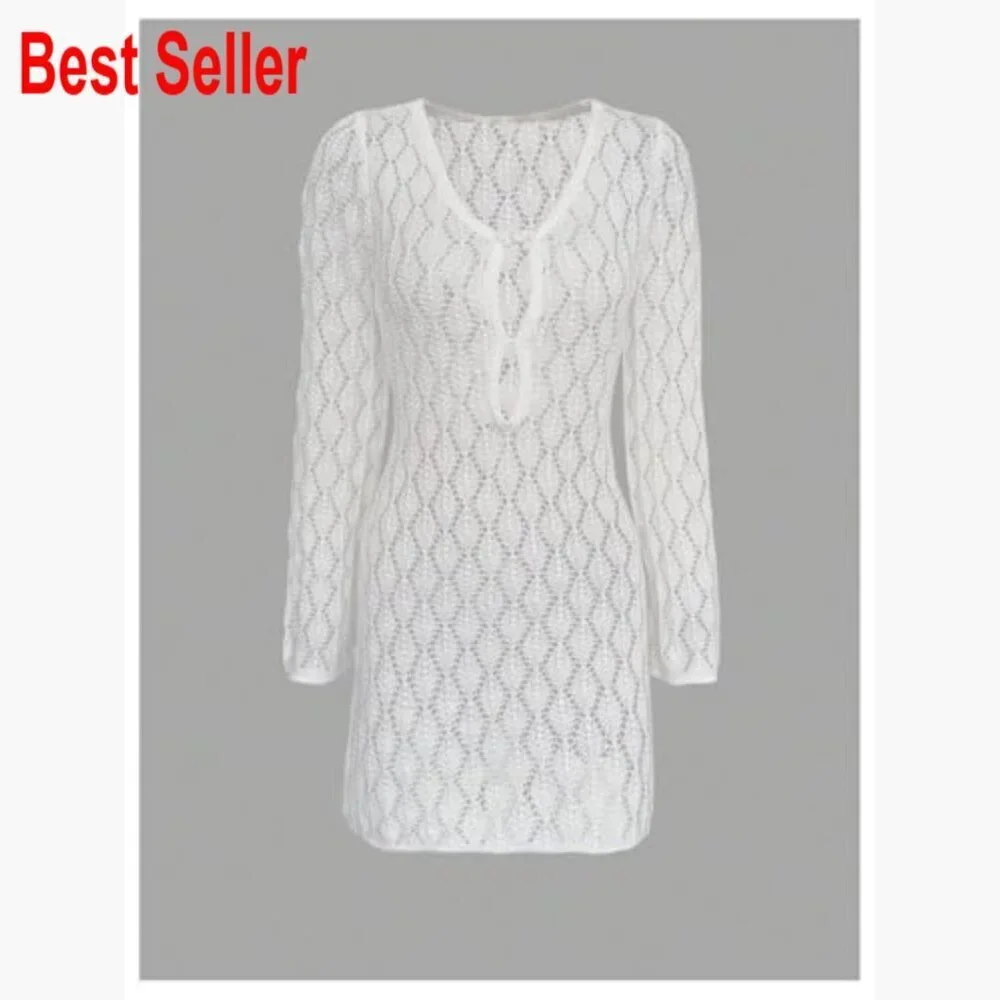 Crochet Mini Dress Swimsuit Coverup Long Sleeve Beach Cover Up